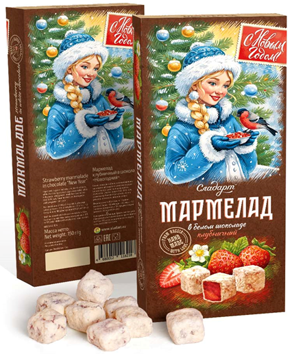 №1 Сладарт(11621) Мармелад Новогодний "Снегурочка" Клубничный в белом шоколаде, 150г   в Железногорске